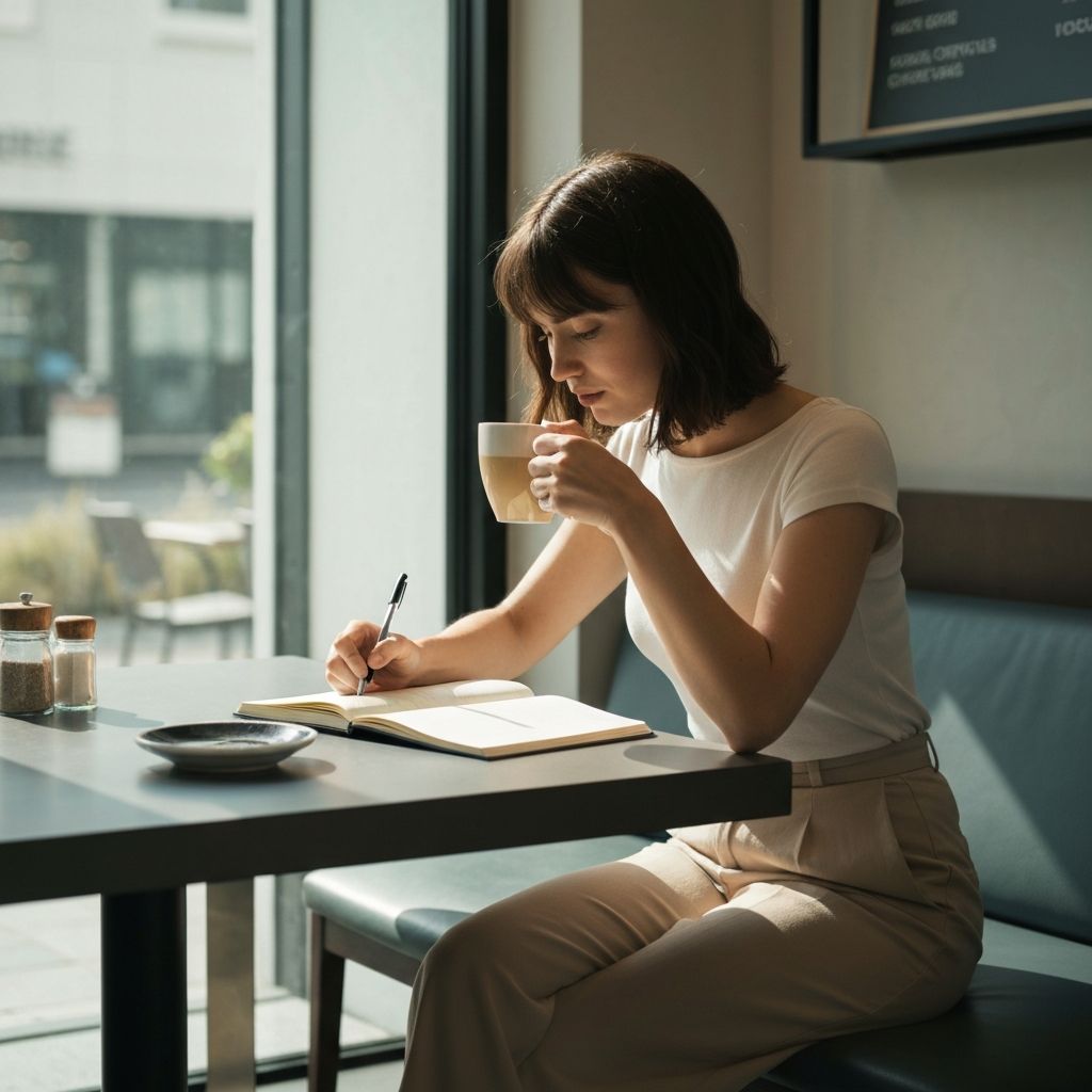 Person planning meals with a notebook in a modern coffee shop
